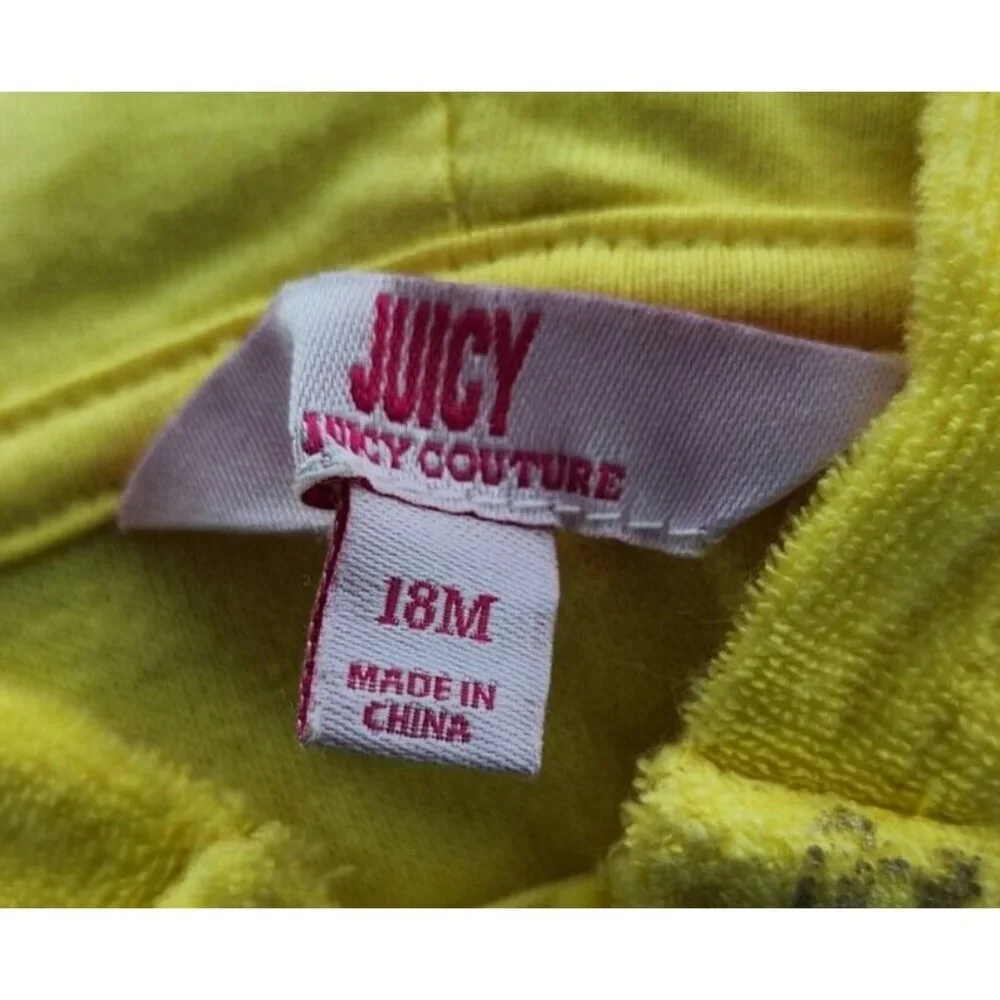 Juicy Couture Baby Girl Zip Front Hooded Romper Terry Cloth Yellow Crowns Sz 18M